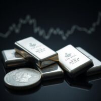 Silver bullion coin and bars on a dark surface with a subtle chart in the background, representing precious metals market analysis.