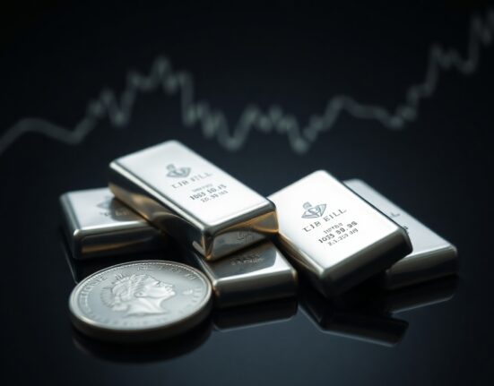 Silver bullion coin and bars on a dark surface with a subtle chart in the background, representing precious metals market analysis.