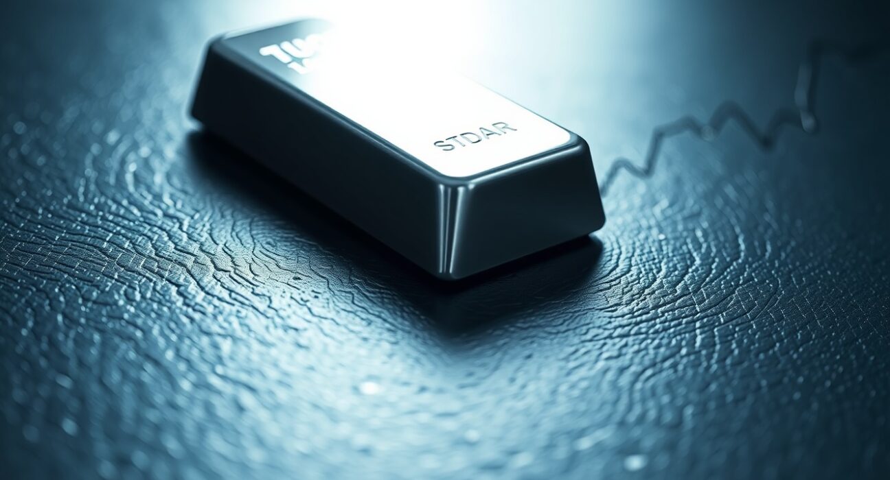 Silver bar on dark desk with faint chart lines in background, representing silver price analysis and market forecast.