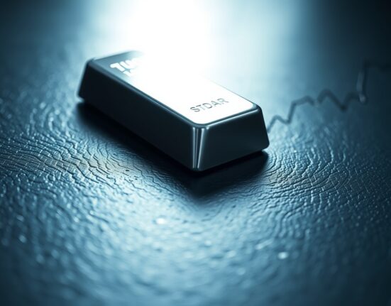 Silver bar on dark desk with faint chart lines in background, representing silver price analysis and market forecast.