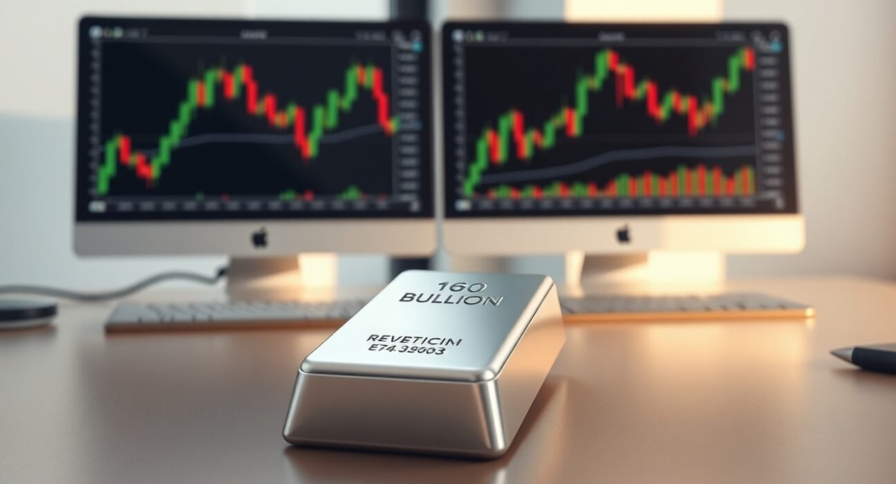 Silver price forecast analysis showing a silver bullion bar on a desk with financial charts.