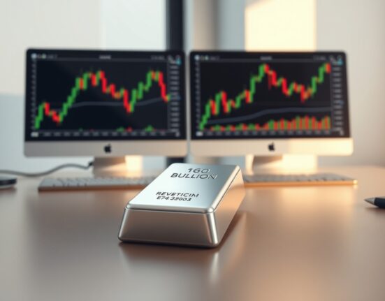 Silver price forecast analysis showing a silver bullion bar on a desk with financial charts.