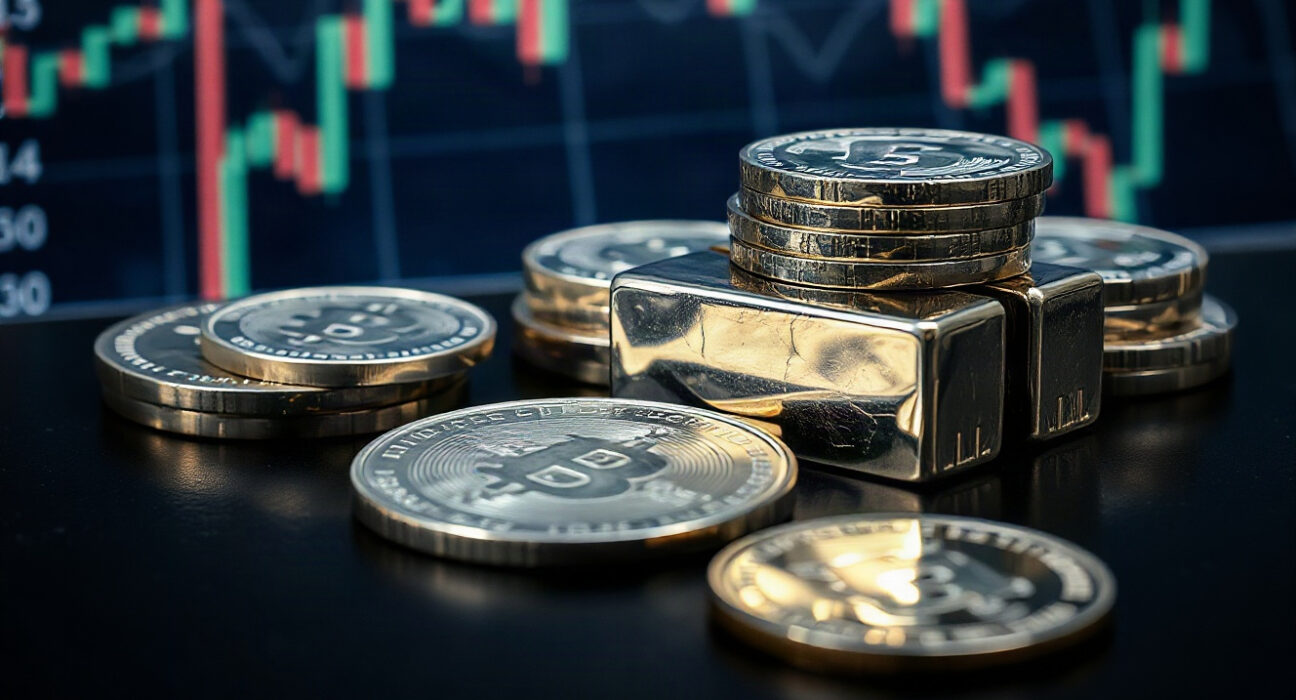 Silver bars and coins with a financial chart background, representing silver price analysis and market trends.