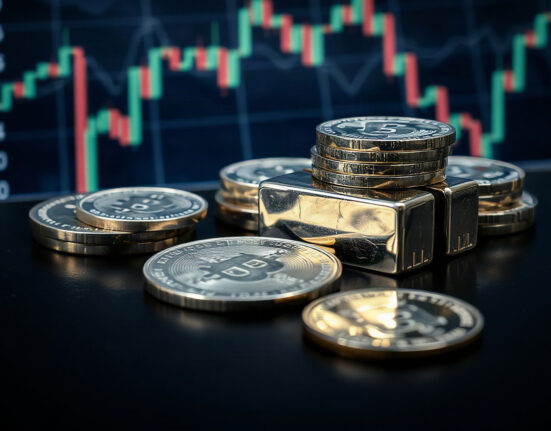Silver bars and coins with a financial chart background, representing silver price analysis and market trends.