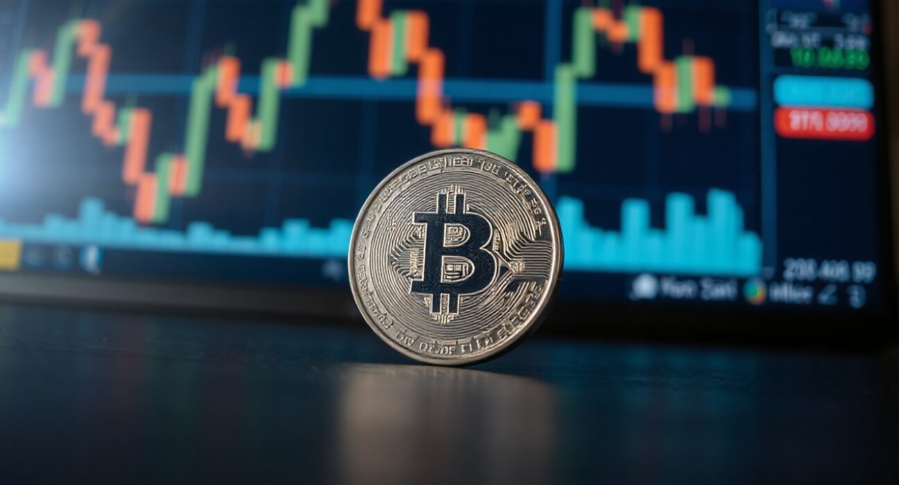 Silver coin resting on a dark surface with a blurred financial chart in the background