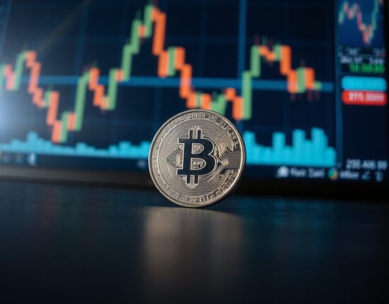 Silver coin resting on a dark surface with a blurred financial chart in the background