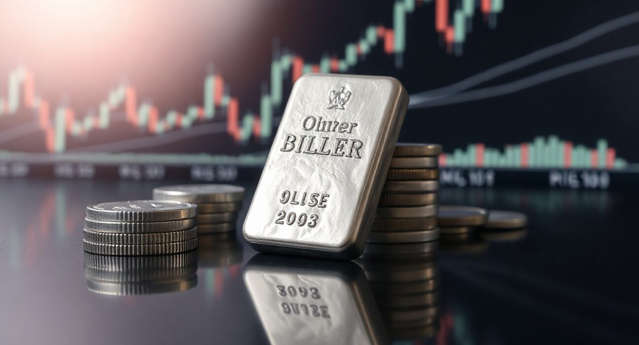 Silver bullion bars and coins on a reflective surface, symbolizing silver price analysis.