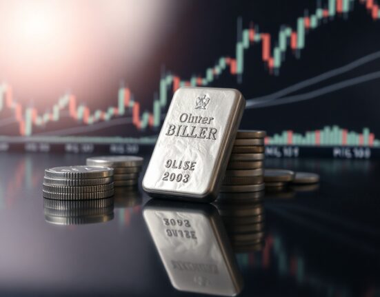 Silver bullion bars and coins on a reflective surface, symbolizing silver price analysis.