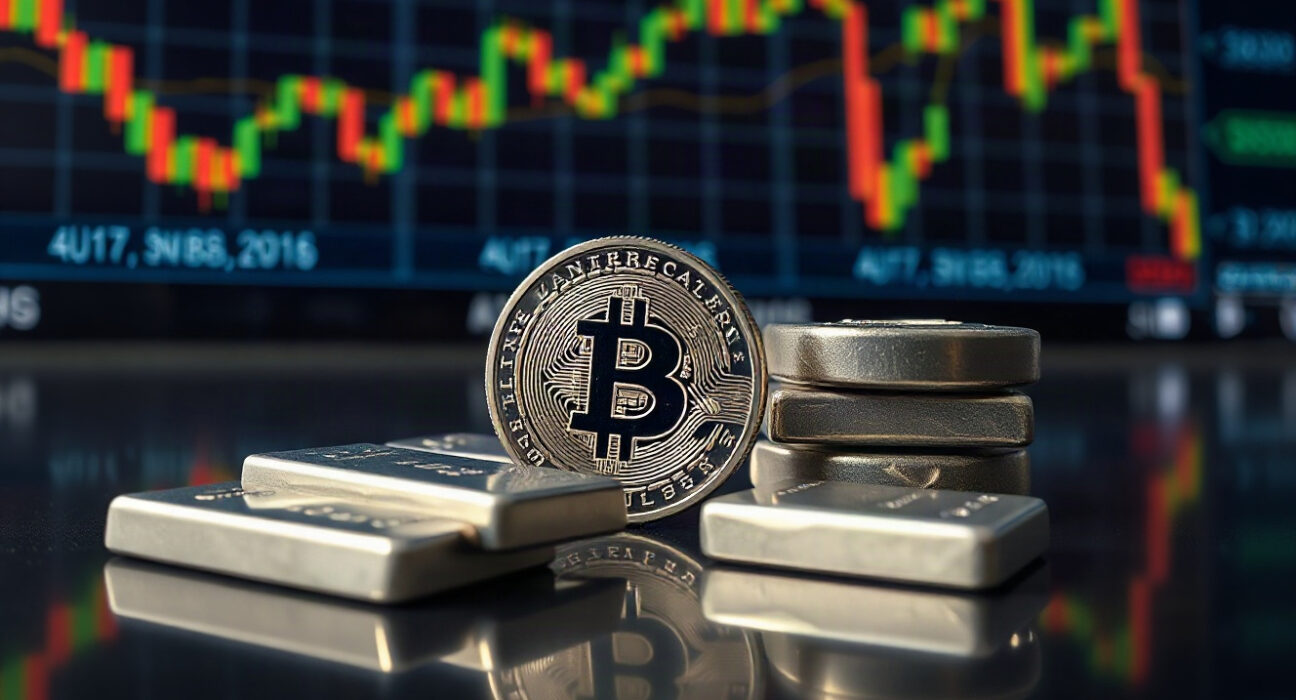 Silver bullion coins and bars on a reflective surface, representing the silver market