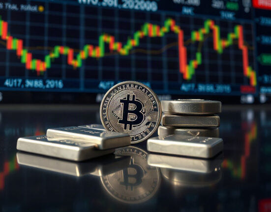 Silver bullion coins and bars on a reflective surface, representing the silver market