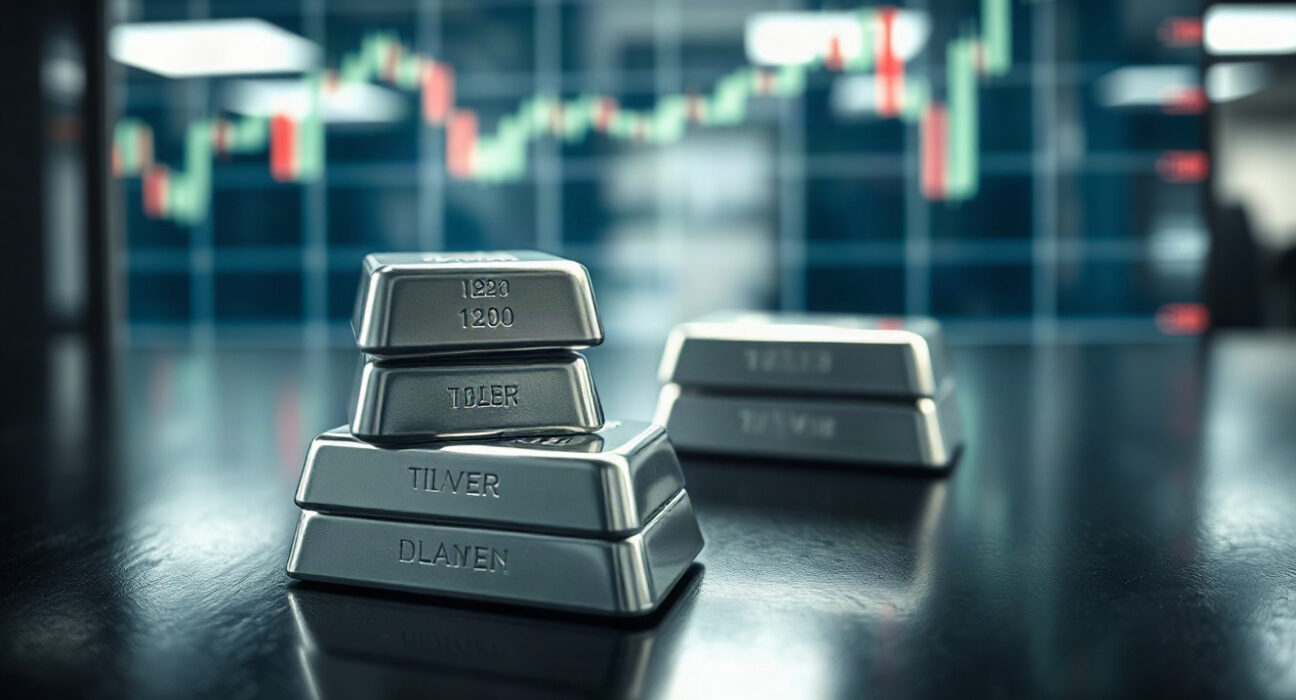 Silver bullion bars stacked on a reflective surface with a blurred financial chart in the background