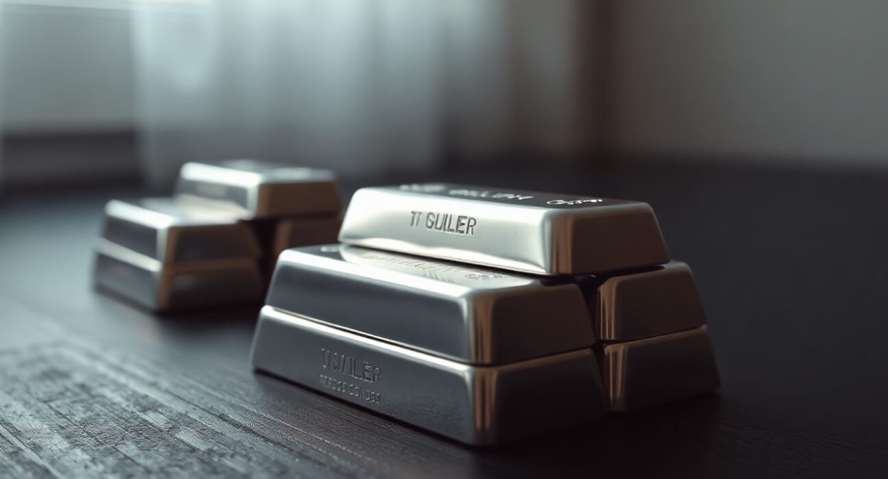 Stacked silver bullion bars with soft reflections, representing precious metals market and silver price analysis.