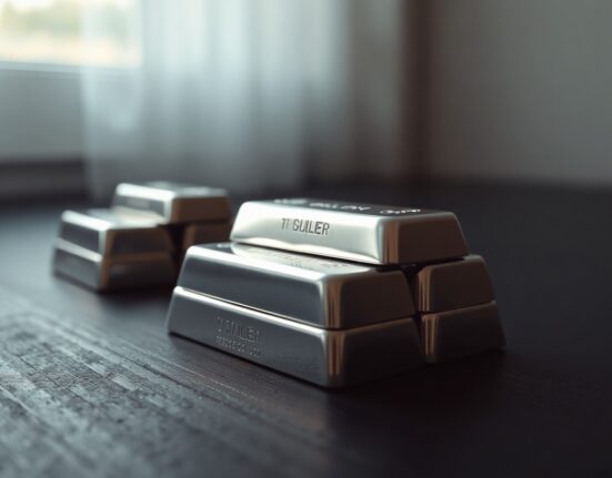 Stacked silver bullion bars with soft reflections, representing precious metals market and silver price analysis.