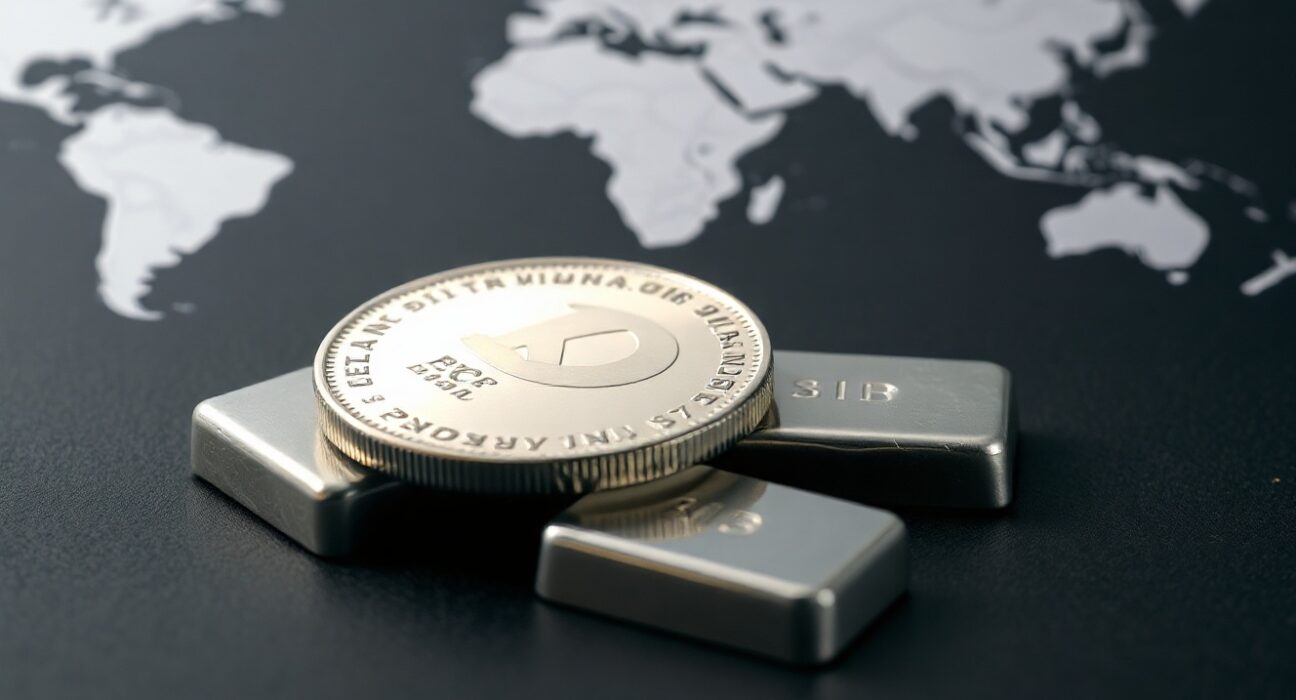 Silver bullion coins and bars on dark surface with geopolitical background, representing safe-haven demand amid Middle East tensions.