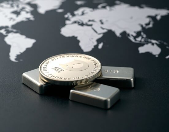 Silver bullion coins and bars on dark surface with geopolitical background, representing safe-haven demand amid Middle East tensions.