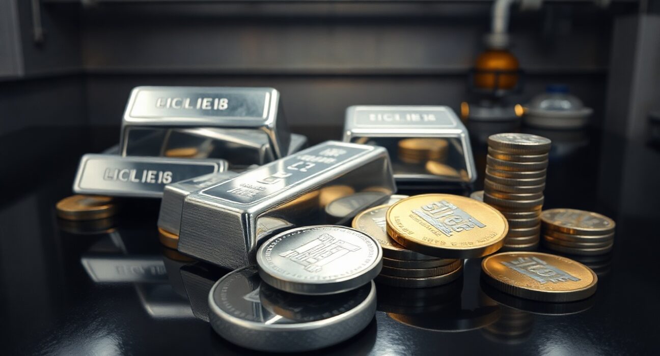 Silver bullion bars and coins on reflective surface