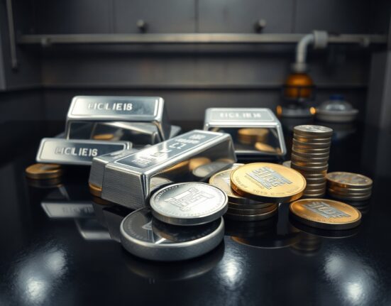 Silver bullion bars and coins on reflective surface