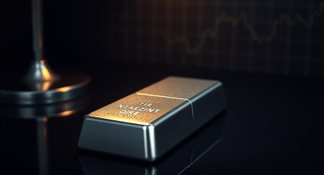 Silver bar on dark reflective surface with soft lighting representing precious metals trading and investment.