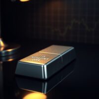 Silver bar on dark reflective surface with soft lighting representing precious metals trading and investment.