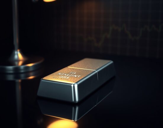 Silver bar on dark reflective surface with soft lighting representing precious metals trading and investment.