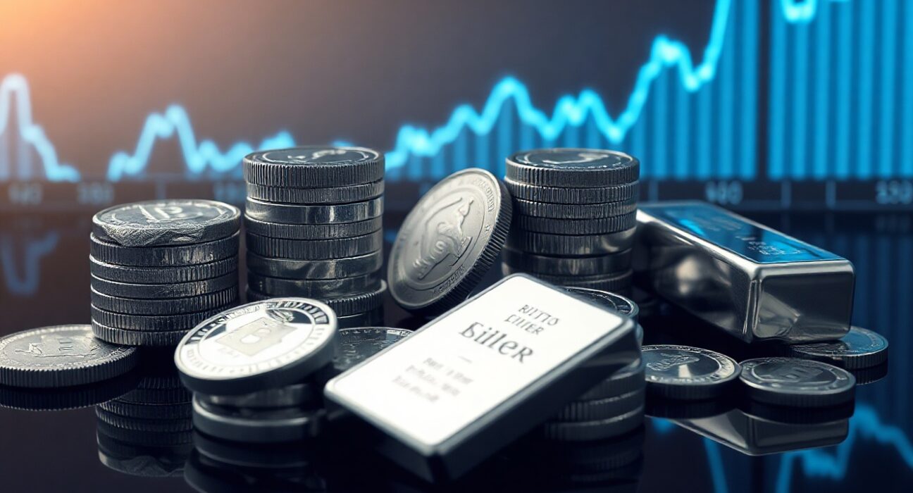 Silver bullion coins and bars on a trading desk with a rising chart line in the background, representing the price breakout.