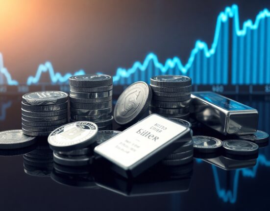 Silver bullion coins and bars on a trading desk with a rising chart line in the background, representing the price breakout.