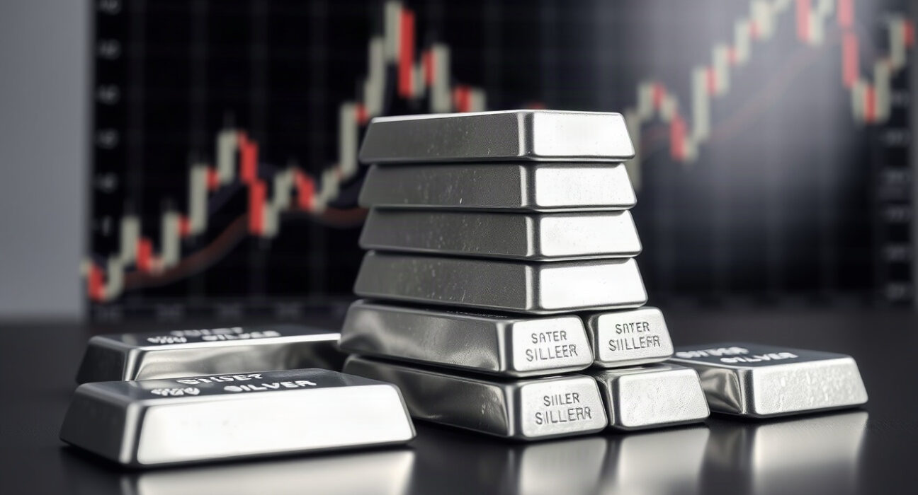 Silver bullion bars on reflective surface with blurred financial chart in background