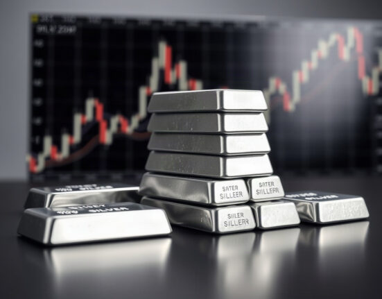 Silver bullion bars on reflective surface with blurred financial chart in background