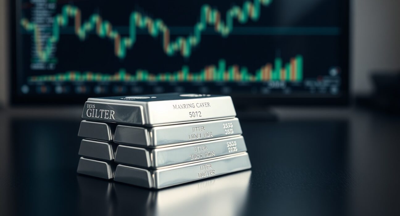 Silver bullion bars with a financial chart showing an upward trend in the background, representing a market rally.