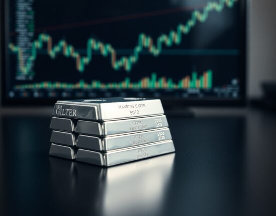 Silver bullion bars with a financial chart showing an upward trend in the background, representing a market rally.