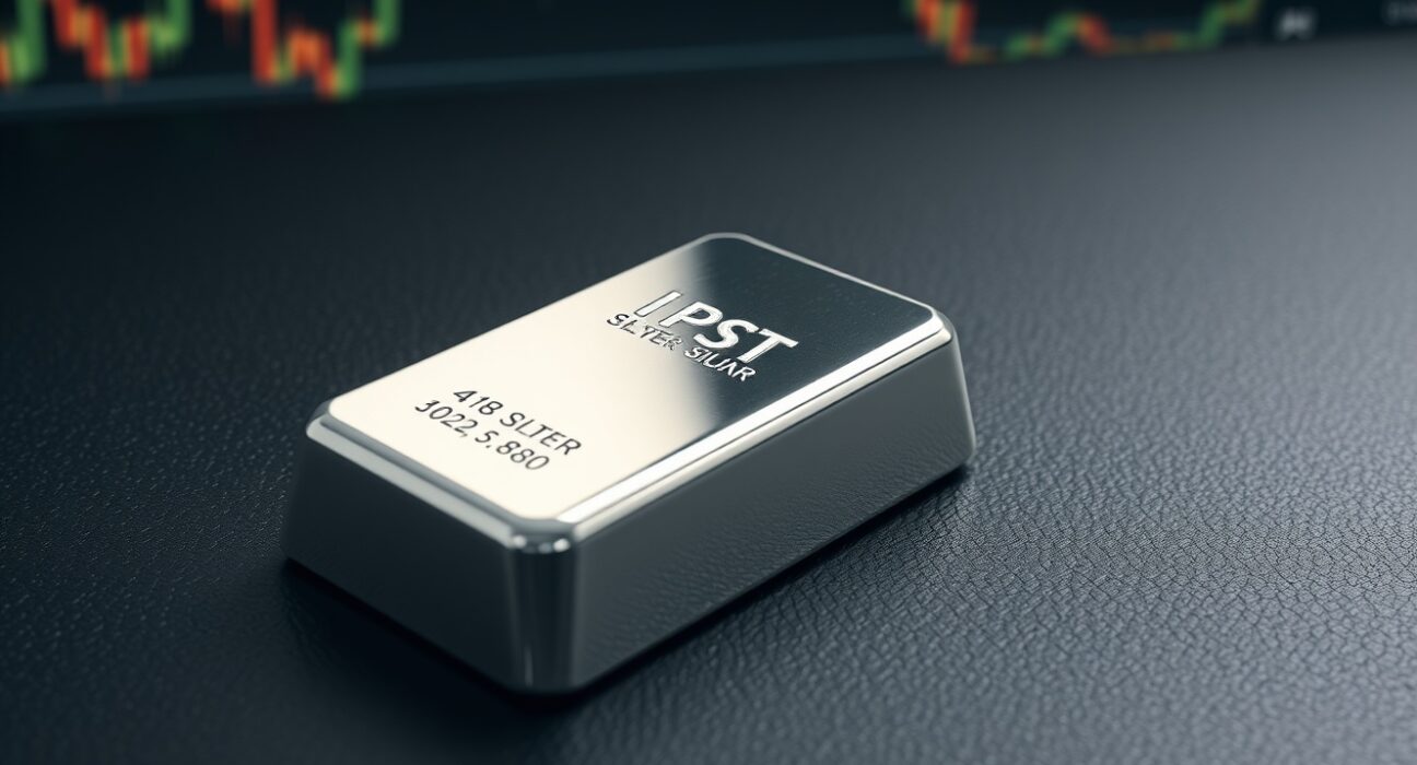 Silver price forecast analysis showing bullion bar with financial chart background.