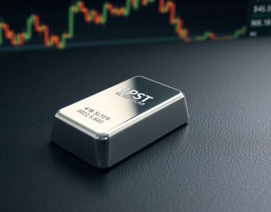 Silver price forecast analysis showing bullion bar with financial chart background.