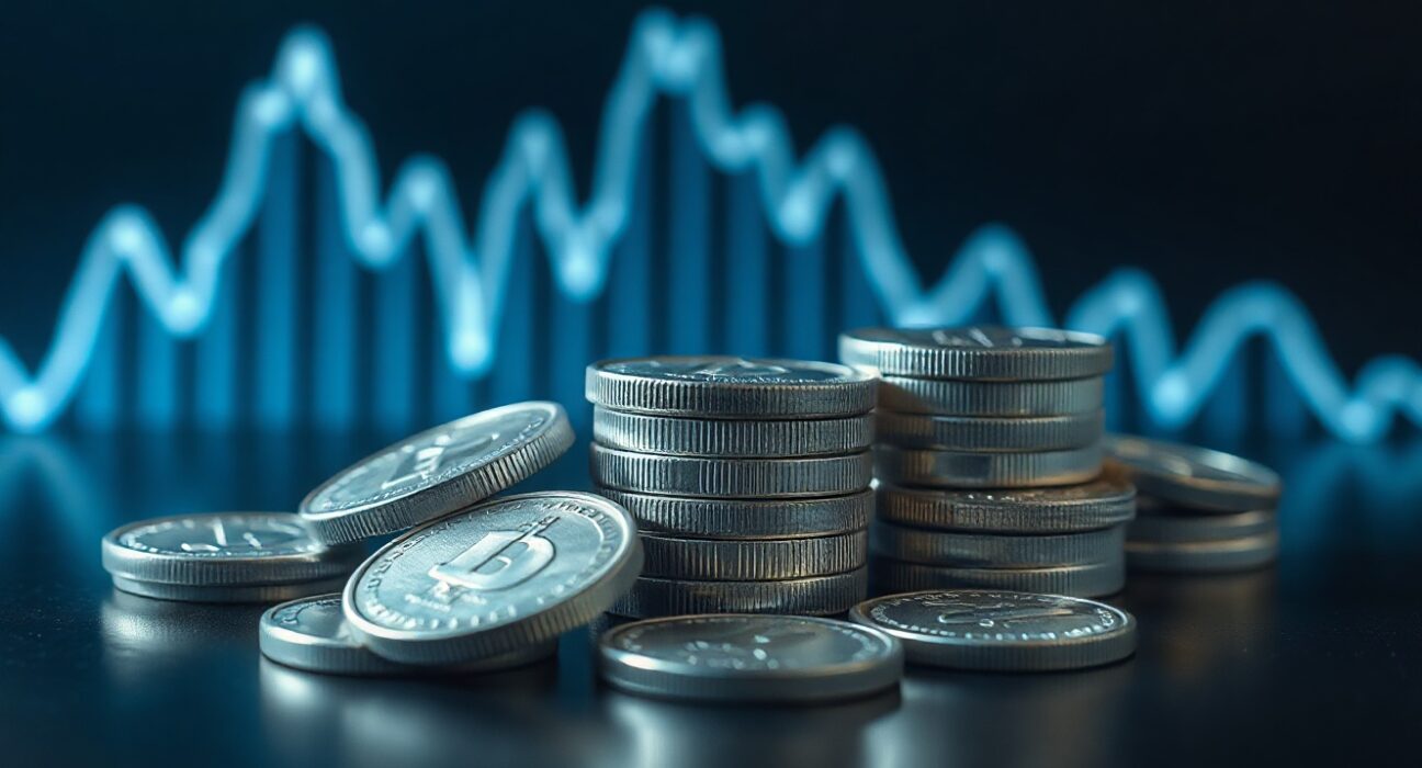 Silver bullion coins and bars with a faint upward price chart in the background