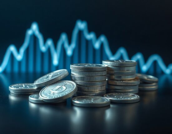 Silver bullion coins and bars with a faint upward price chart in the background