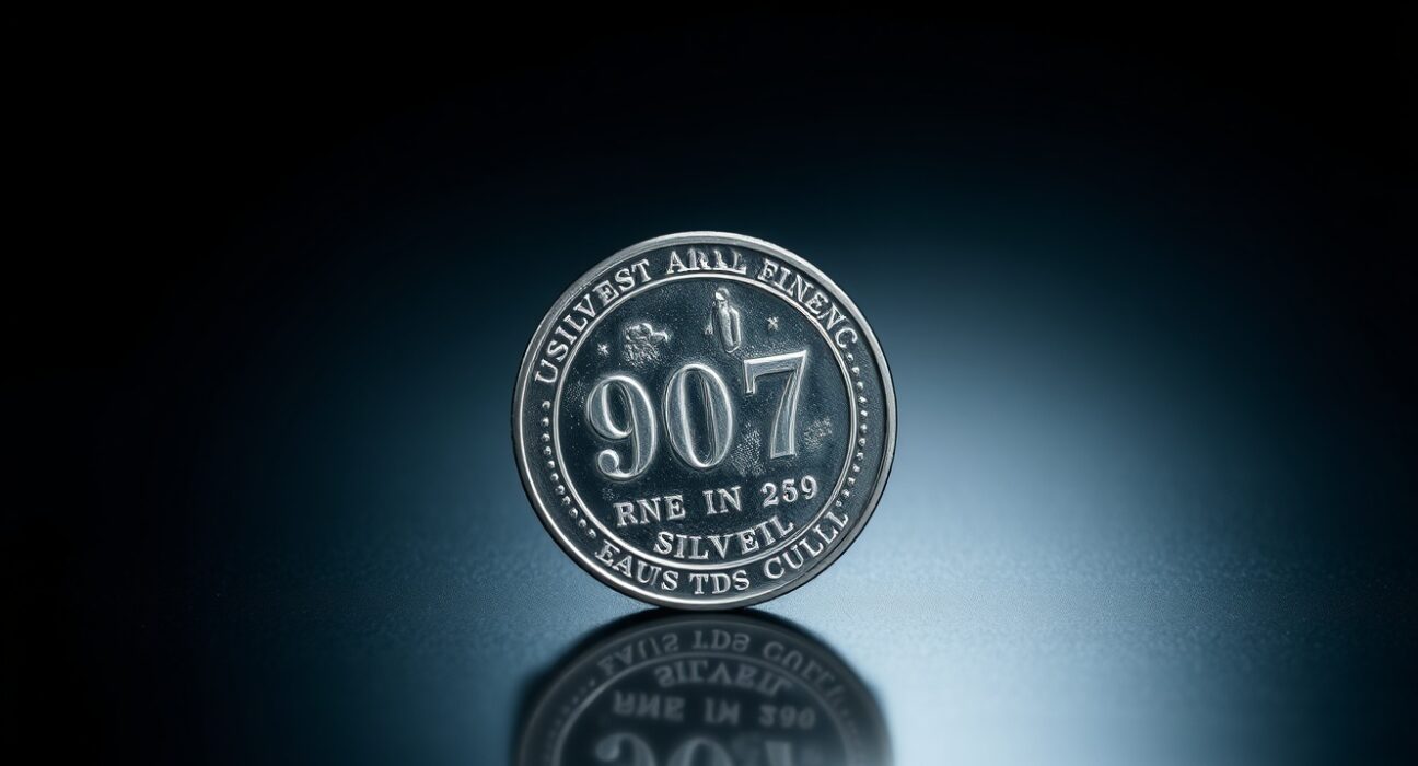 Close-up of a silver bullion coin on a dark reflective surface for a market forecast article.