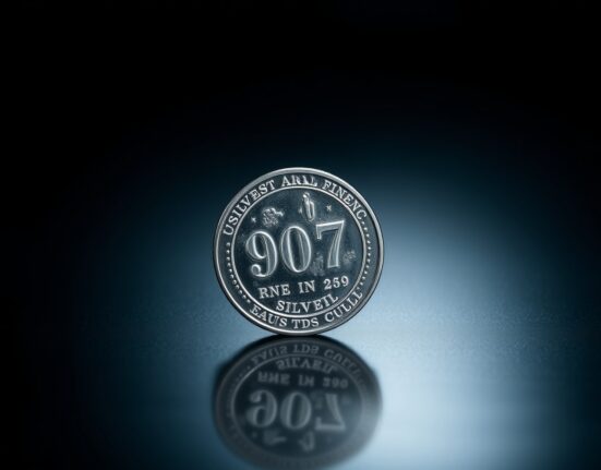 Close-up of a silver bullion coin on a dark reflective surface for a market forecast article.
