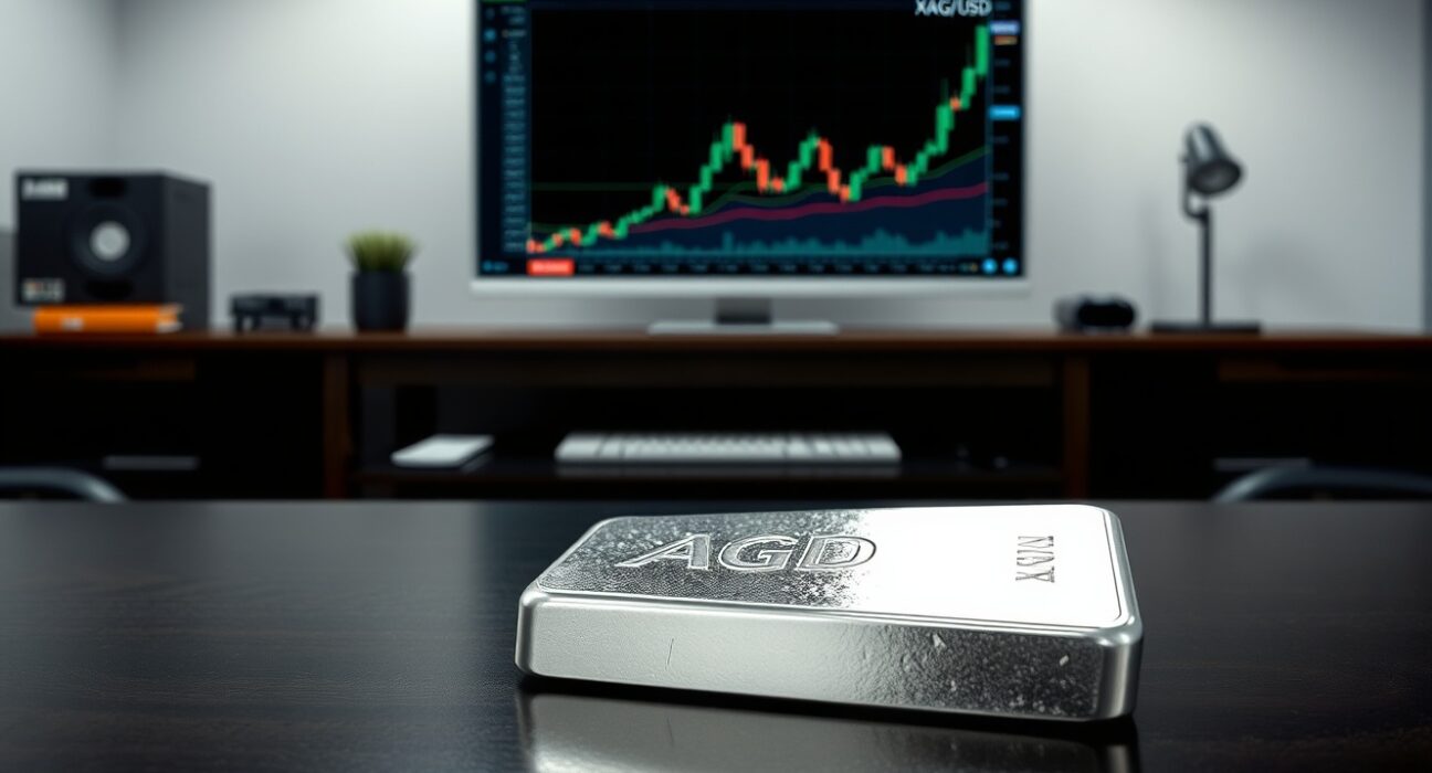 Silver bar and XAG/USD chart showing price pullback near 50-day moving average