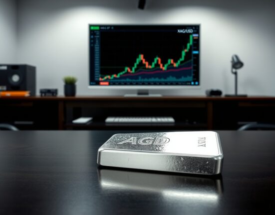 Silver bar and XAG/USD chart showing price pullback near 50-day moving average