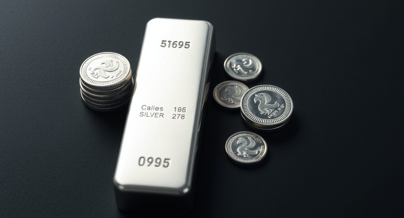 Silver bars and coins on a dark surface with soft lighting
