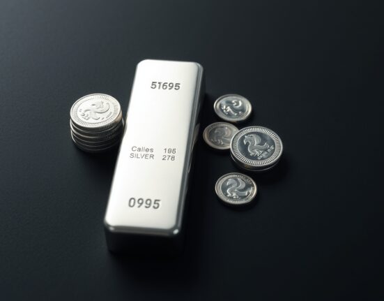 Silver bars and coins on a dark surface with soft lighting