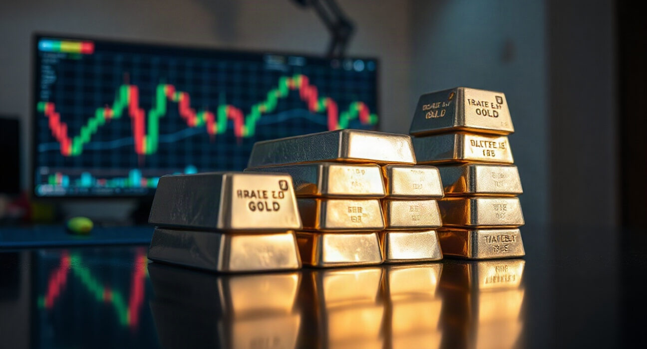 Silver bullion bars stacked on a reflective surface with a subtle financial chart background