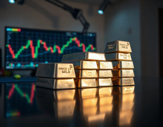 Silver bullion bars stacked on a reflective surface with a subtle financial chart background