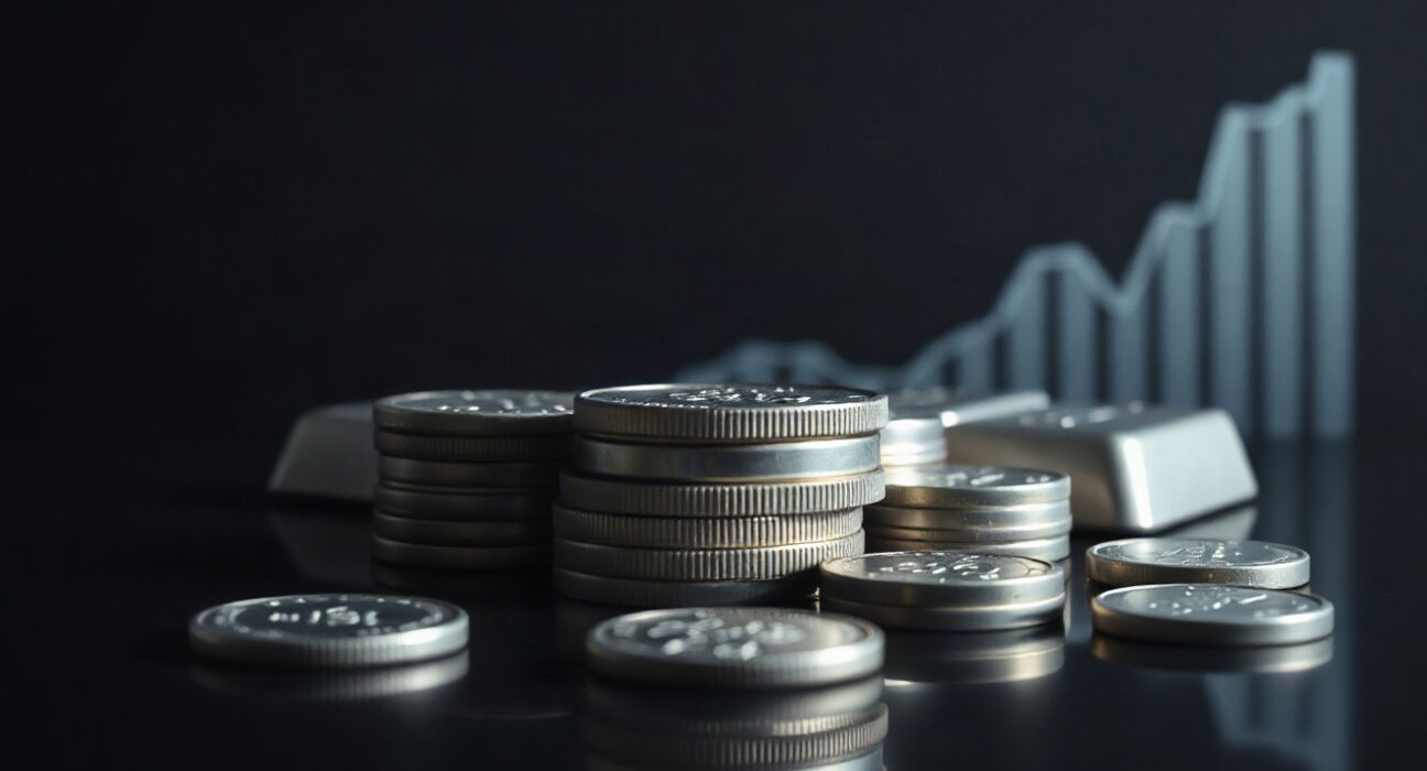 Silver bullion coins and bars with a faint downward chart line in the background, representing market resistance.