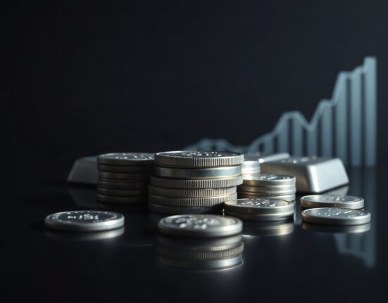 Silver bullion coins and bars with a faint downward chart line in the background, representing market resistance.