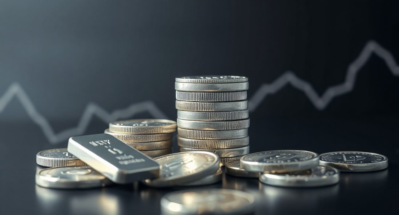 Silver bullion coins and bars with a subtle market chart overlay, representing XAG/USD price action.