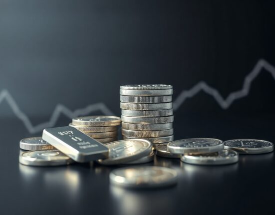 Silver bullion coins and bars with a subtle market chart overlay, representing XAG/USD price action.