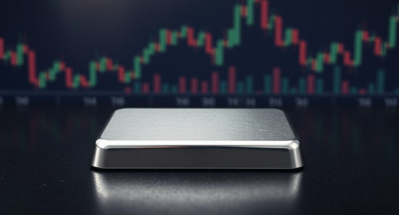 Silver bar on dark surface with financial charts in background, representing silver price movement and market analysis