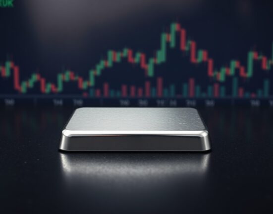 Silver bar on dark surface with financial charts in background, representing silver price movement and market analysis