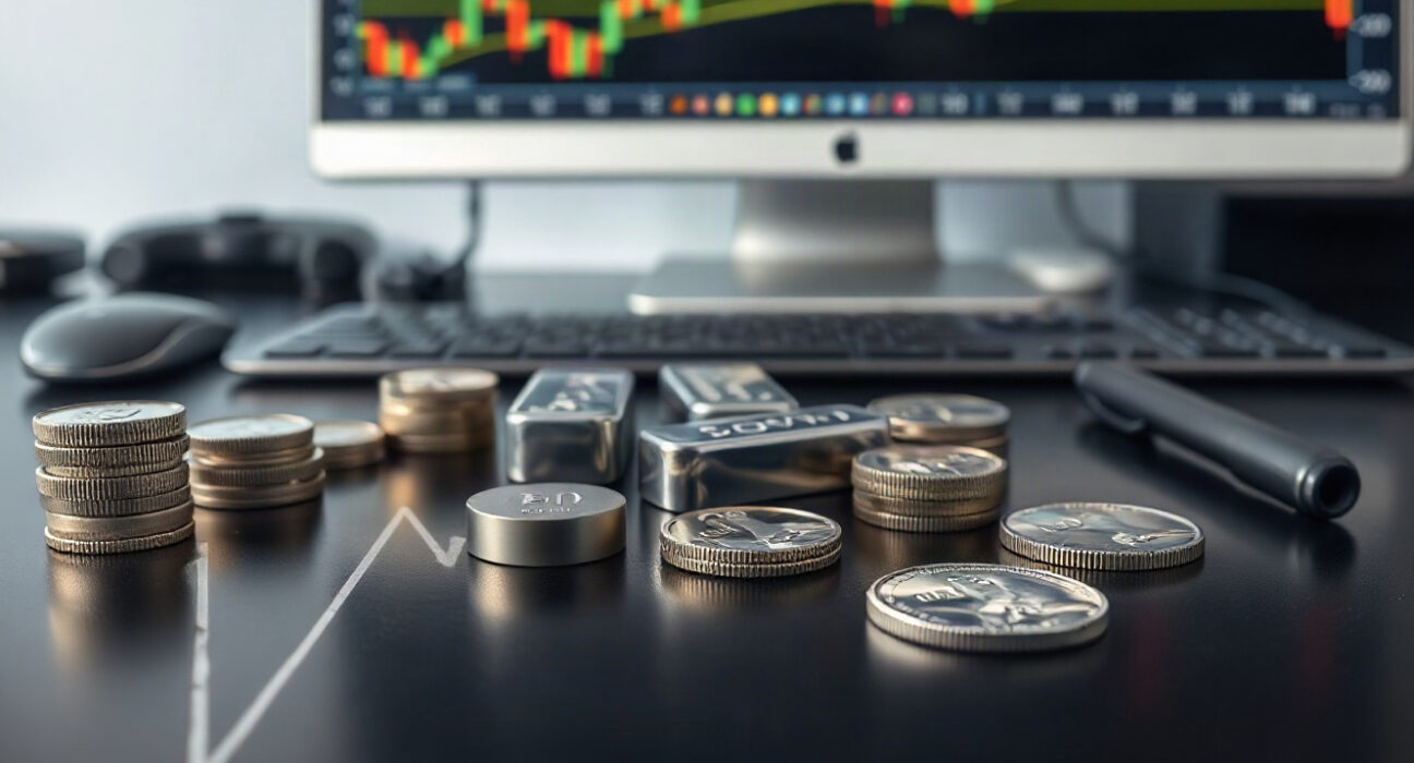 Silver bullion coins and bars on a dark surface with a financial chart in the background