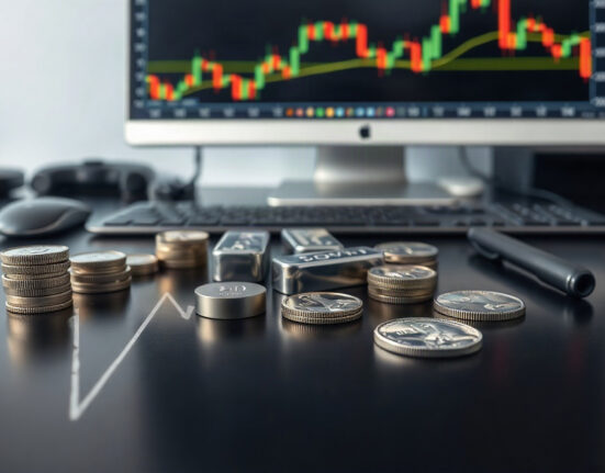 Silver bullion coins and bars on a dark surface with a financial chart in the background